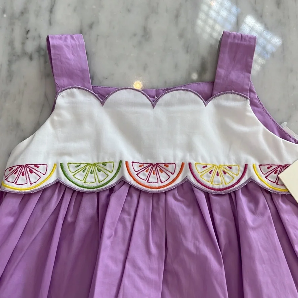 New Baby Girls Sophie & Lucas Purple Fruit Embroidered Dress and Bloomer Set - Picture 2 of 5